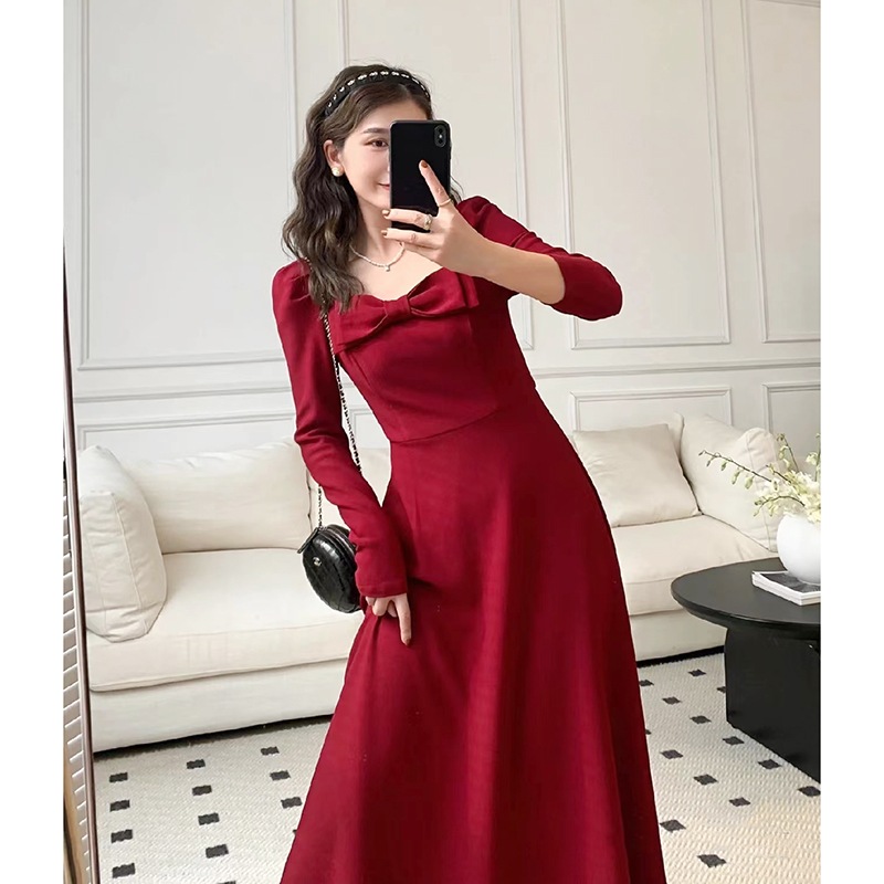 ワインレッド秋のベルベット敬酒服花嫁2023新型高級感婚約帰門服長袖ドレス私服