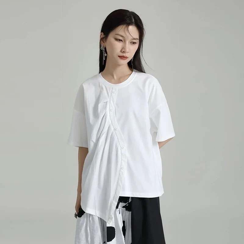 【J.Fashion】 ラウンドネック 半袖 Tシャツ 不規則裾 斜めデザイン ドッキング ブラウス レディース おしゃれ 上質 関連商品は店で購入可能 メガ割30%までに制限