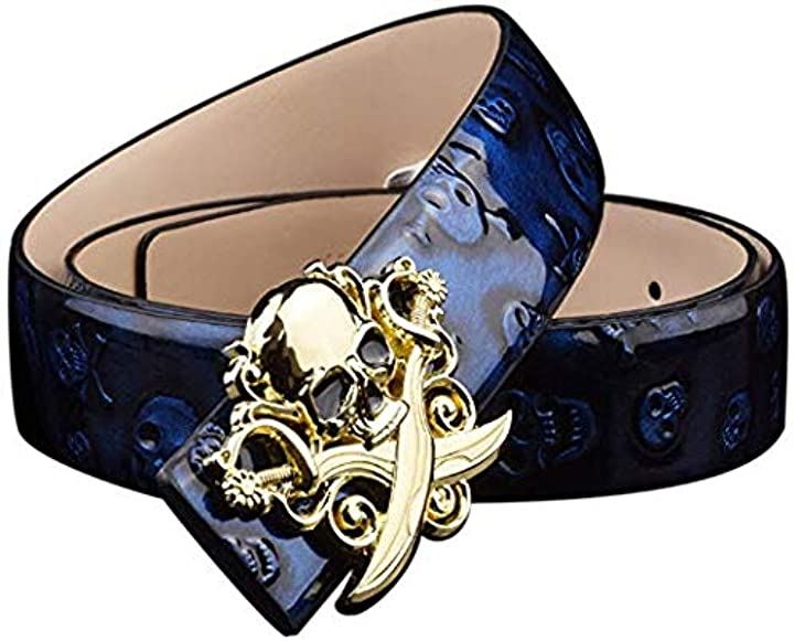 スカル 剣 海賊旗 留め具 艶 牛革 レザー メンズ ベルト エンボス ドクロ 柄 フリー 留め具:ゴールド／ベルト:ネイビー(留め具:ゴールド／ベルト:ネイビー, フリー)
