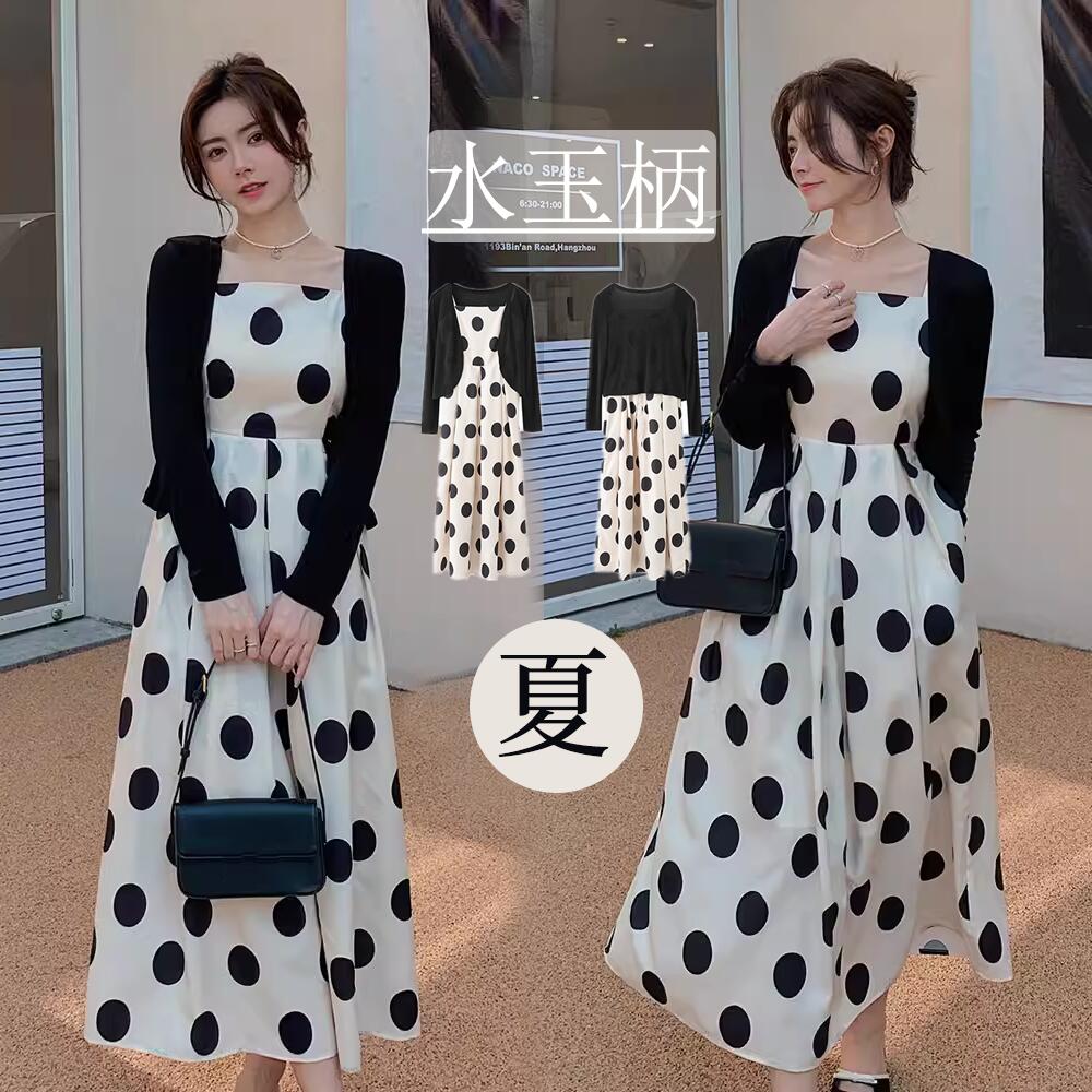 ワンピース 綿 水玉柄 スクエアネック ぽっちゃり 2点セット スリングドレス 体型カバー 涼しい エレガント 着やせL4XL可愛い ミモレ丈 Aライン 韓国 大人の 夏ワンピ リゾートワンピ 旅行
