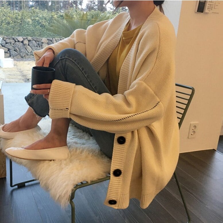 2color レディース オーバーニットカーディガン ビッグシルエットVネックニットカーディガン