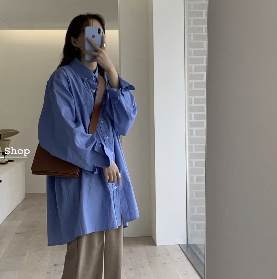 トップス シャツ ブラウス ミディアム丈 ミドル丈 袖あり 長袖 ボリューム袖 ドルマンスリーブ パフスリーブ 襟付き ポロカラー ワイド 前開き コットン かわいい きれいめ シンプル カジュアル