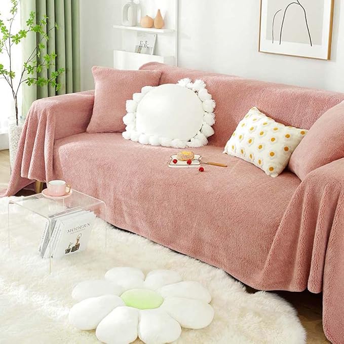 ソファーカバー 2人掛け 肘掛け付き/肘掛けなし 冬用 フリース素材 温かみのあるピンク 無地 北欧風 マルチカバー ソファー 長方形 180x230cm ソファーカバー ベッドスプレッド 超便利 洗