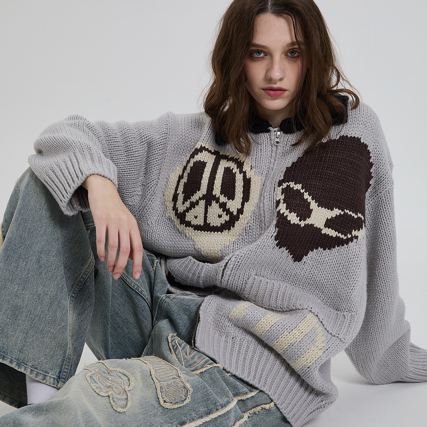 Alien Collar Zip-up Cardigan GREY
