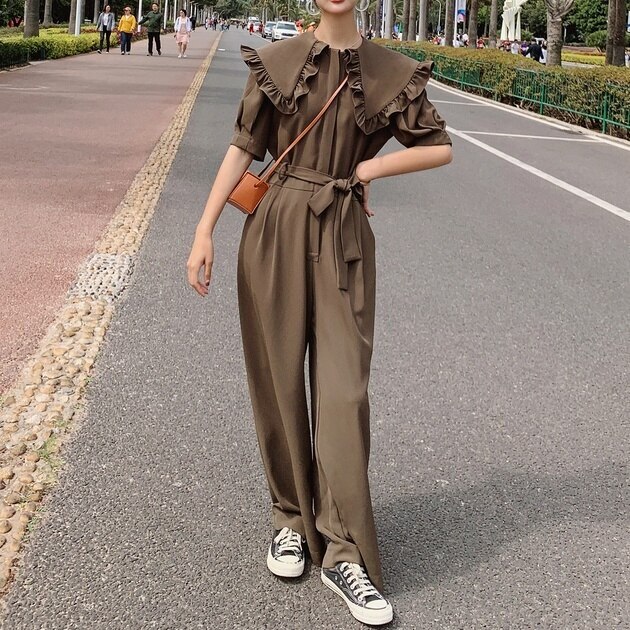 レディース オールインワン つなぎ フリル 襟あり セーラー襟 半袖 パンツ 人気 ウエストマーク