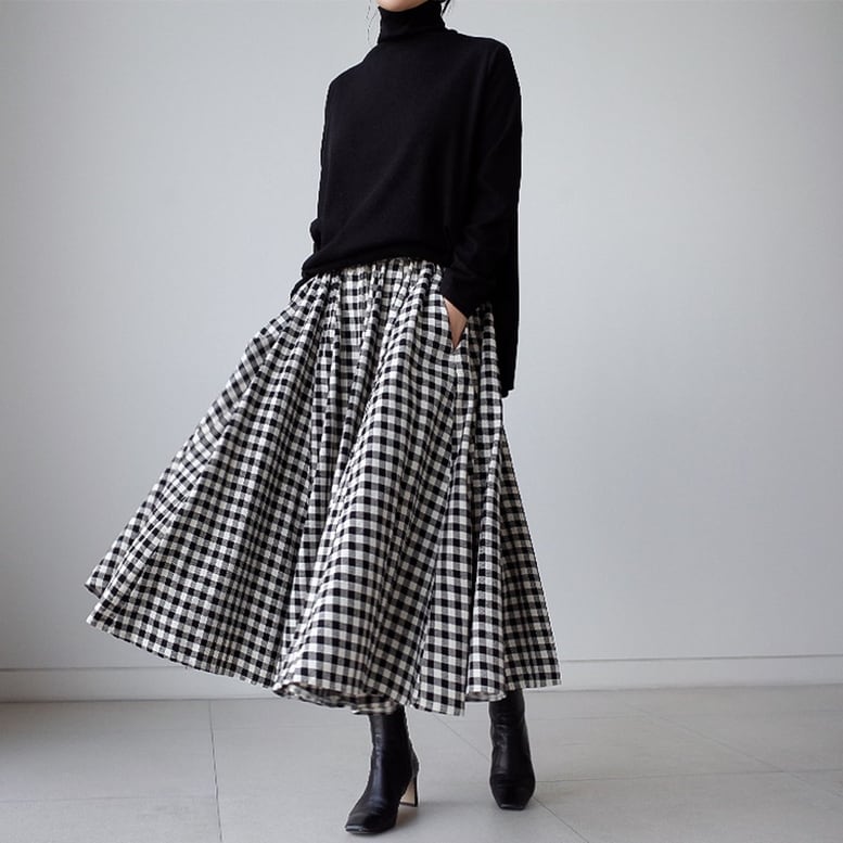 2color レディース チェック柄スカート ブロックチェックフレアロングスカート ロング