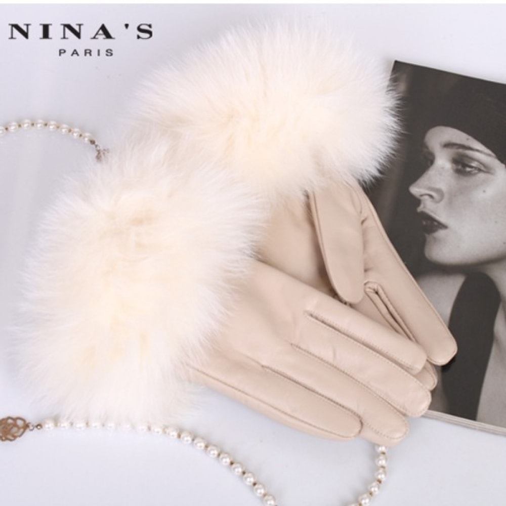 (Ninas Paris) ソリッドカラーフォックスファーソフトシープスキングローブ (8SH290)