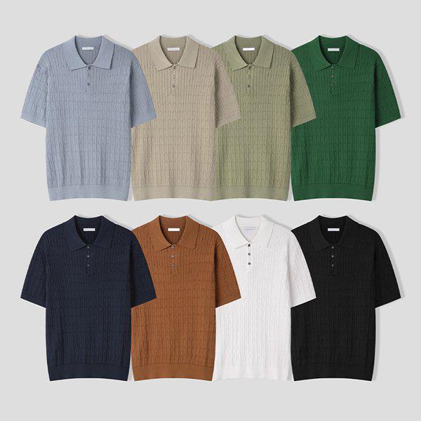 メンズベーシックケーブルカラーネック半袖ニットTシャツ AS-KNH-Q013-ライトカーキ