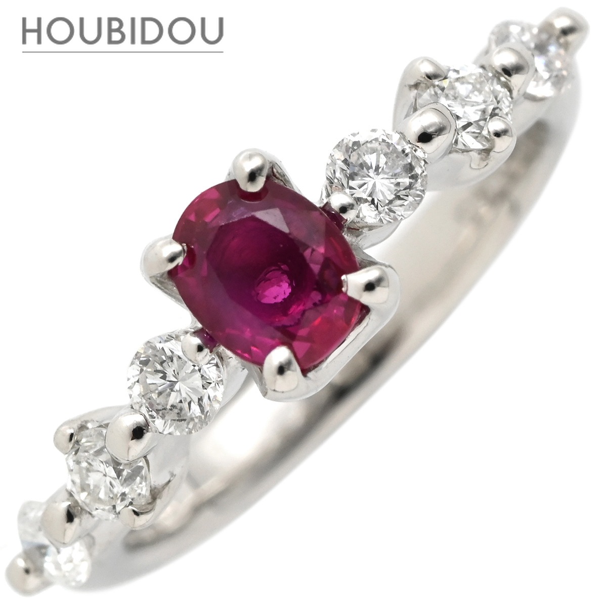 リング 指輪 ルビー 0.53ct ダイヤモンド プラチナシルバー レッド 赤 1石 オーバルミックスカット 6Pダイヤ 7号【中古】
