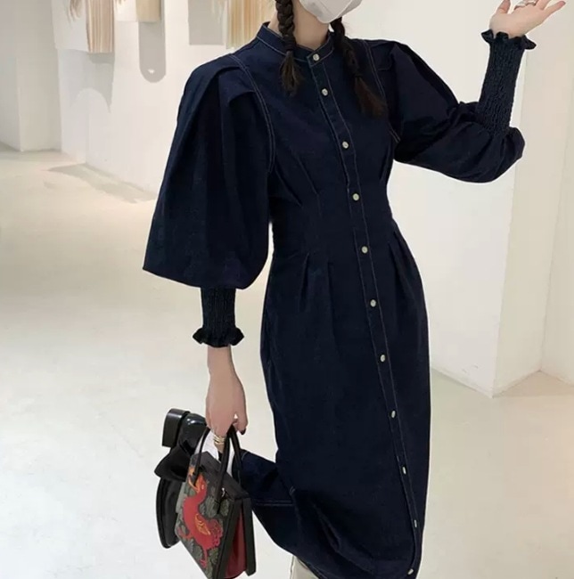 ワンピース デニムワンピース 膝下 ミモレ ミモレ丈 袖あり 長袖 デニム かわいい 大人可愛い きれいめ シンプル カジュアル 大人 上品 おしゃれ お洒落 かっこいい レトロ 大人女子 こなれ感