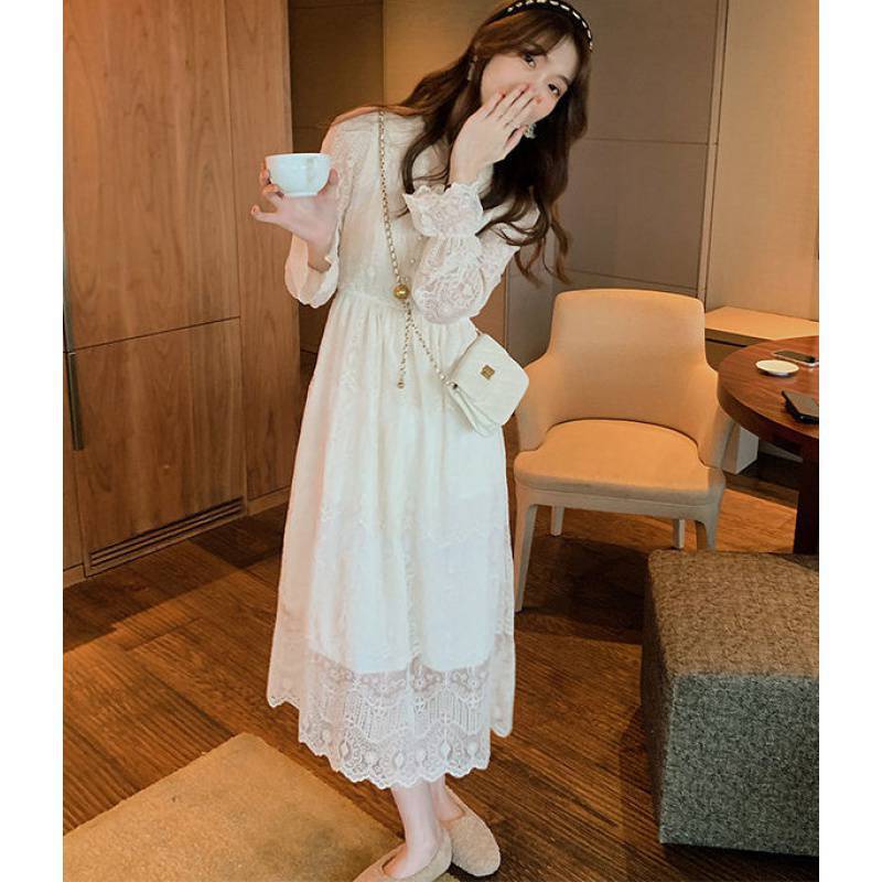 ワンピース レディース 40代 きれいめ マキシワンピース 春夏 長袖ワンピース 白レース Vネック