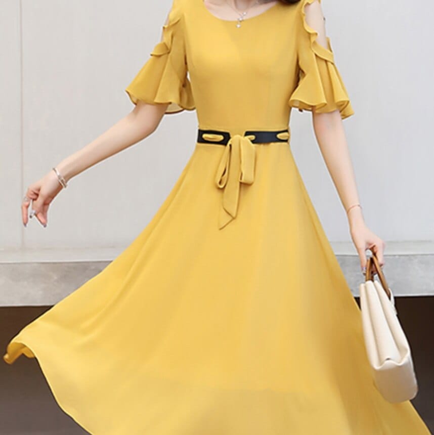 ワンピース フレア Aライン 五分袖 ボリューム 肩出し ラウンドネック ウエストマーク リボン ベルト 大人可愛い きれいめ シンプル オフィス デート レストラン 韓国 モテ イエロー