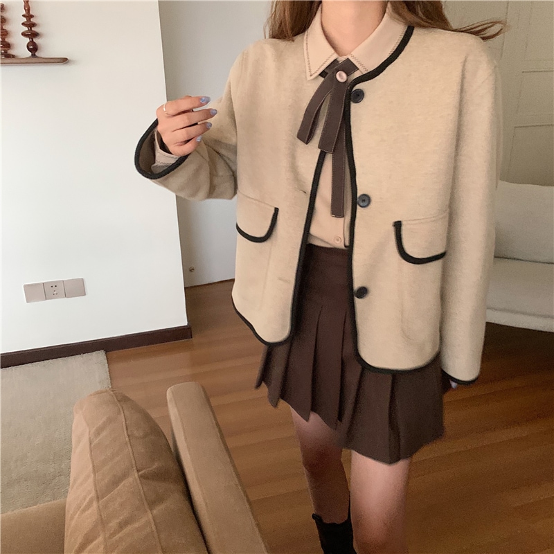 ノーカラーコート 魅せる アウター コート ジャケット ショート丈 袖あり 長袖 襟なし ノーカラー