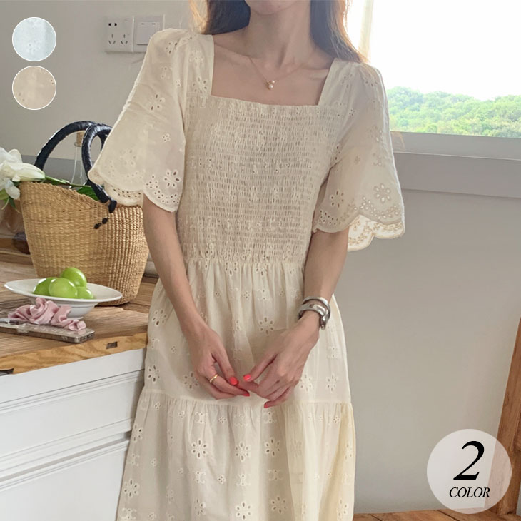 【 急速出荷】ワンピース 大人 上品 レース パフスリーブ スクエアネック ロング ワンピース フレア Aライン ミモレ ティアード 半袖 楽ちん ゆったり 大きめ 可愛い オケージョン