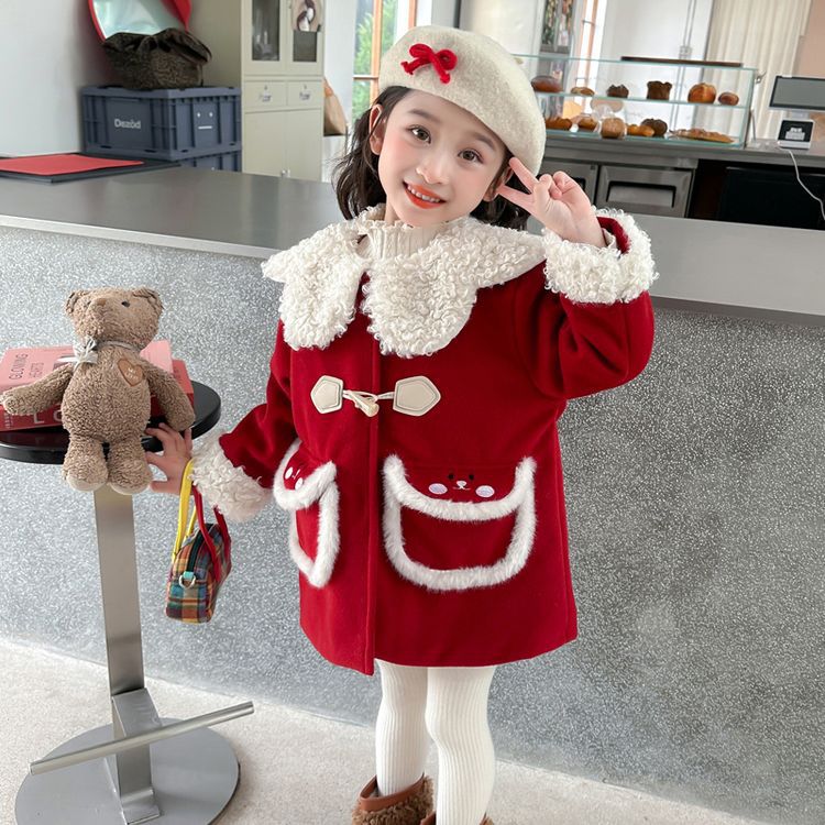 女の子コート秋冬 2024 新しい赤い綿肥厚ウールコート新年のご挨拶服新年服冬服