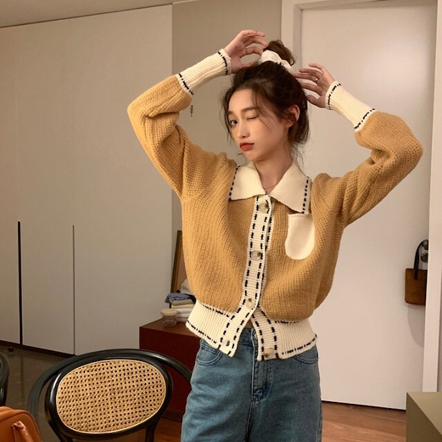 カーディガン 襟付き 渋色 ポロ襟 長袖 ざっくりニット フロントボタン 海外デザイン 前開き