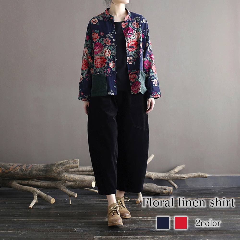 シャツ レディース 花柄リネンシャツ ロゴ 大人 ブランド 秋 かわいい 春 麻 形態安定 襟付き ブラウス カジュアル 事務服 暖かい 長袖 おしゃれ スポーツ ゆったり しわになりにくい Tシャツ