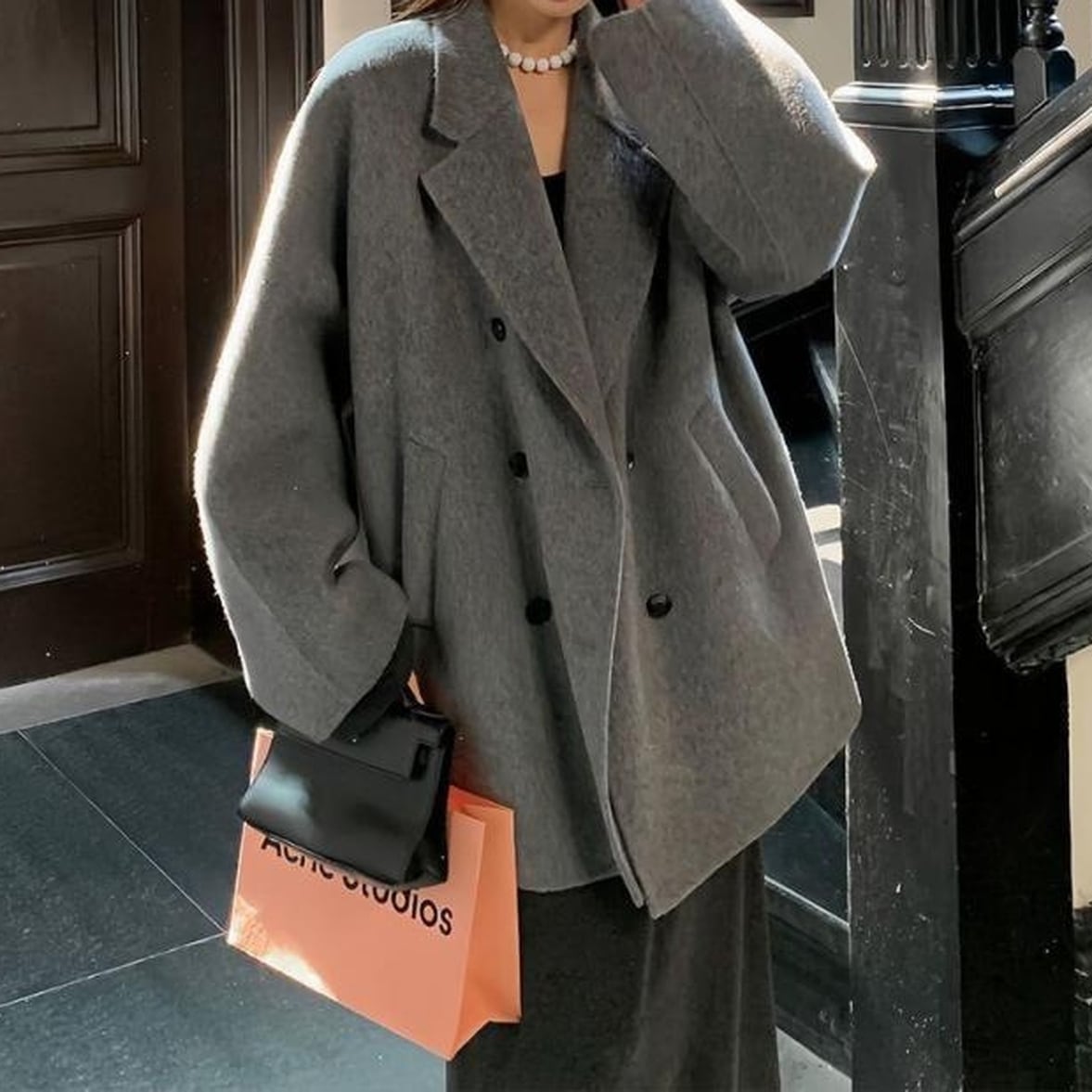 アウター コート Pコート レディース オーバーミディアムコート オーバーチェスターコート ビッグPコート 襟付き 裄丈 ワイド オーバーサイズ ビッグシルエット 無地 グレー アッシュ モノトーン