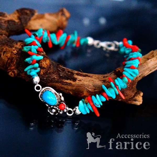天然石 ターコイズ&レッドコーラル 細石/ドロップ/ラウンドデザイン フラワー(花)ミニチャームワンポイント装飾 メンズ インディアンジュエリー シルバー925 ブレスレット