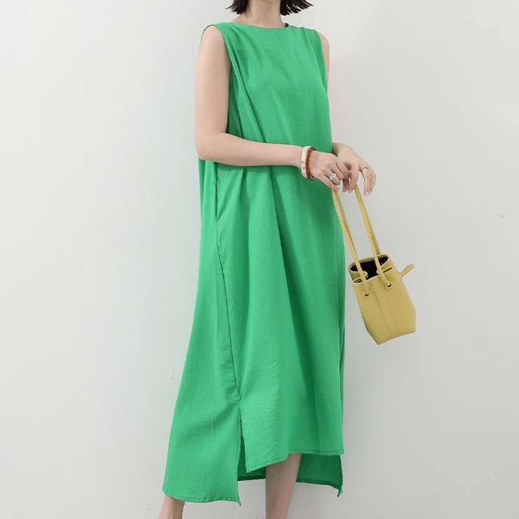 レディース スカート ワンピース ロングスカート ミモレ 袖なし ノースリーブ 襟なし ワイド サイドスリット ポケット 薄手 かわいい 大人可愛い きれいめ シンプル カジュアル 上品 おしゃれ