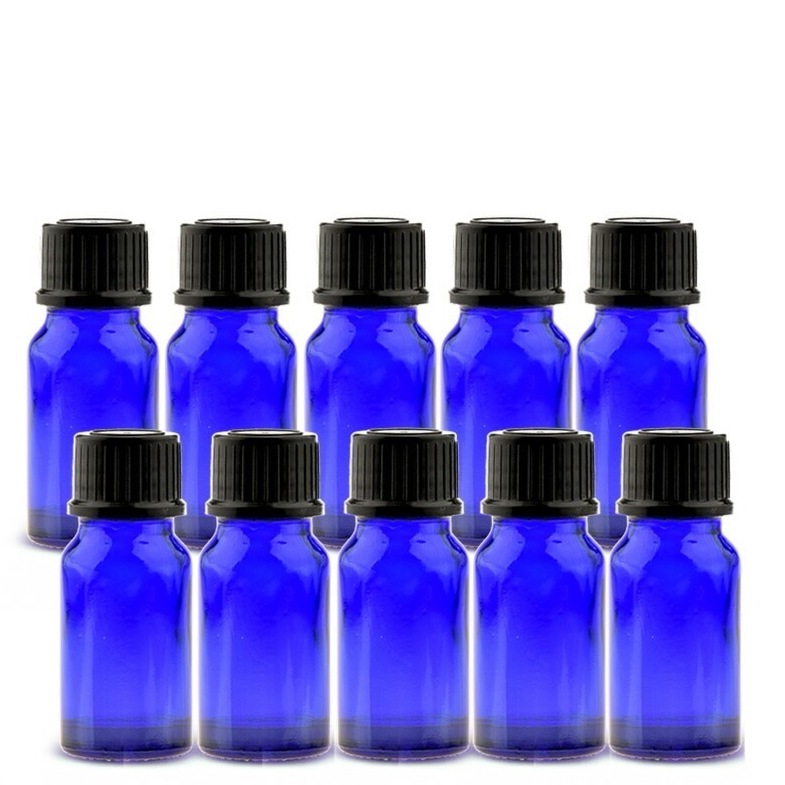 遮光瓶 10ml（ブルー） 100本セット 黒キャップ＆ヴァーティカルドロッパー / 遮光ビン ガラス瓶 薬瓶 保存 アロマオイル エッセンシャルオイル 精油 キャリアオイル 香水 手作り コスメ ハ