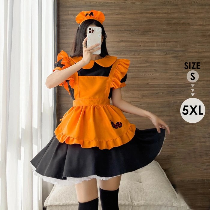 コスプレ メイド服 コスチューム 半袖 レディース カボチャ メイド服 コスプレ ハロウィン 魔女 巫女 衣装 仮装 コスチューム 大人 舞台劇 オレンジ 新年会 学園祭 衣装 仮装 可愛い パーティ