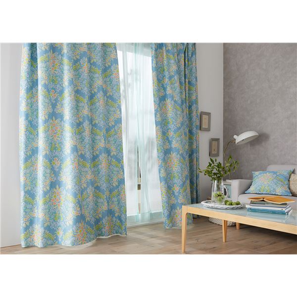 デザインライフ 遮光カーテン 約幅100x丈135cm ミックスブーケ ブルー 1枚入 V1324