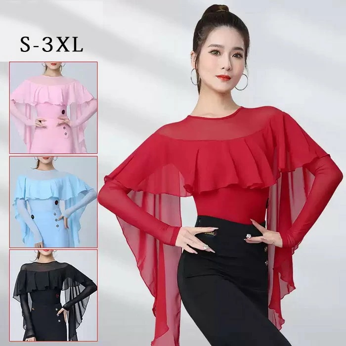 大人気 社交ダンス トップス レオタード 股下ホック 長袖 透け感 フリル 胸パッド付き ラテン モダン タンゴ サンバ ダンスウェア レディース 社交ダンス衣装 コンサート 舞台用 ステージ衣装 練