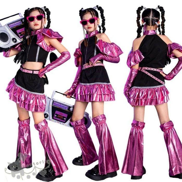 キッズ ダンス 女の子 キラキラ ピンク 長袖 トップス スカート 袖カバー レッグウォーマー かっこいい へそ出し セットアップ 原宿系 k-pop ヒップホップ 可愛