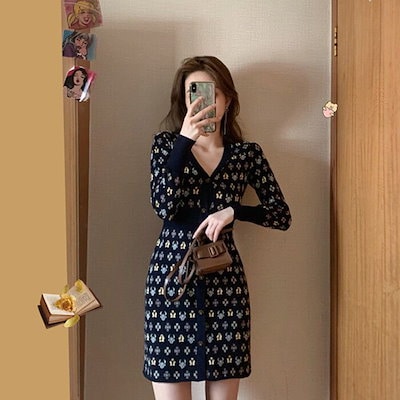 ニットワンピース レディース 膝丈ワンピース 秋 長袖ワンピース Vネック タイトニットスカート