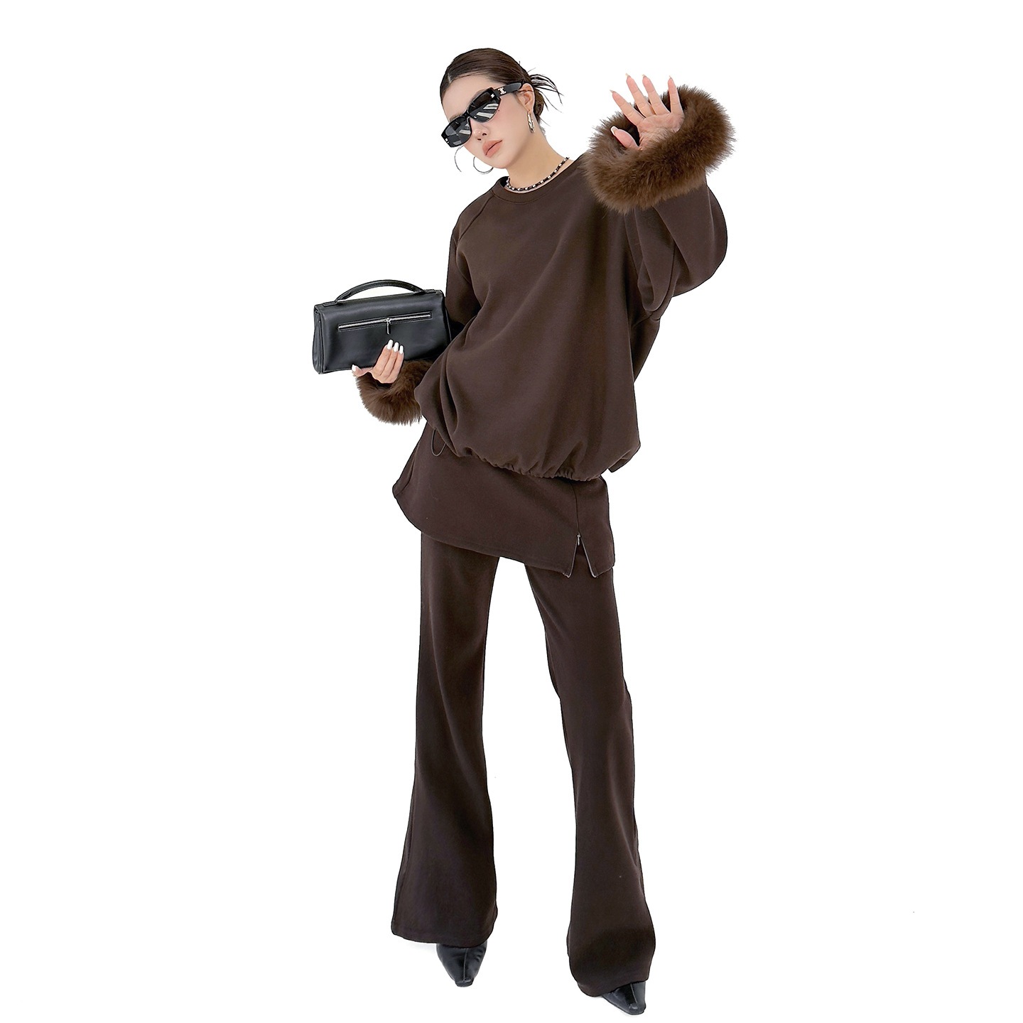 【Noir Mode】 秋冬 カジュアルセット スウェット+ ゴム フレアパンツ セット デザイン性 ブラックコーデ 大きいサイズ レディース 体型カバー トップス パンツ スラックス セットアップ