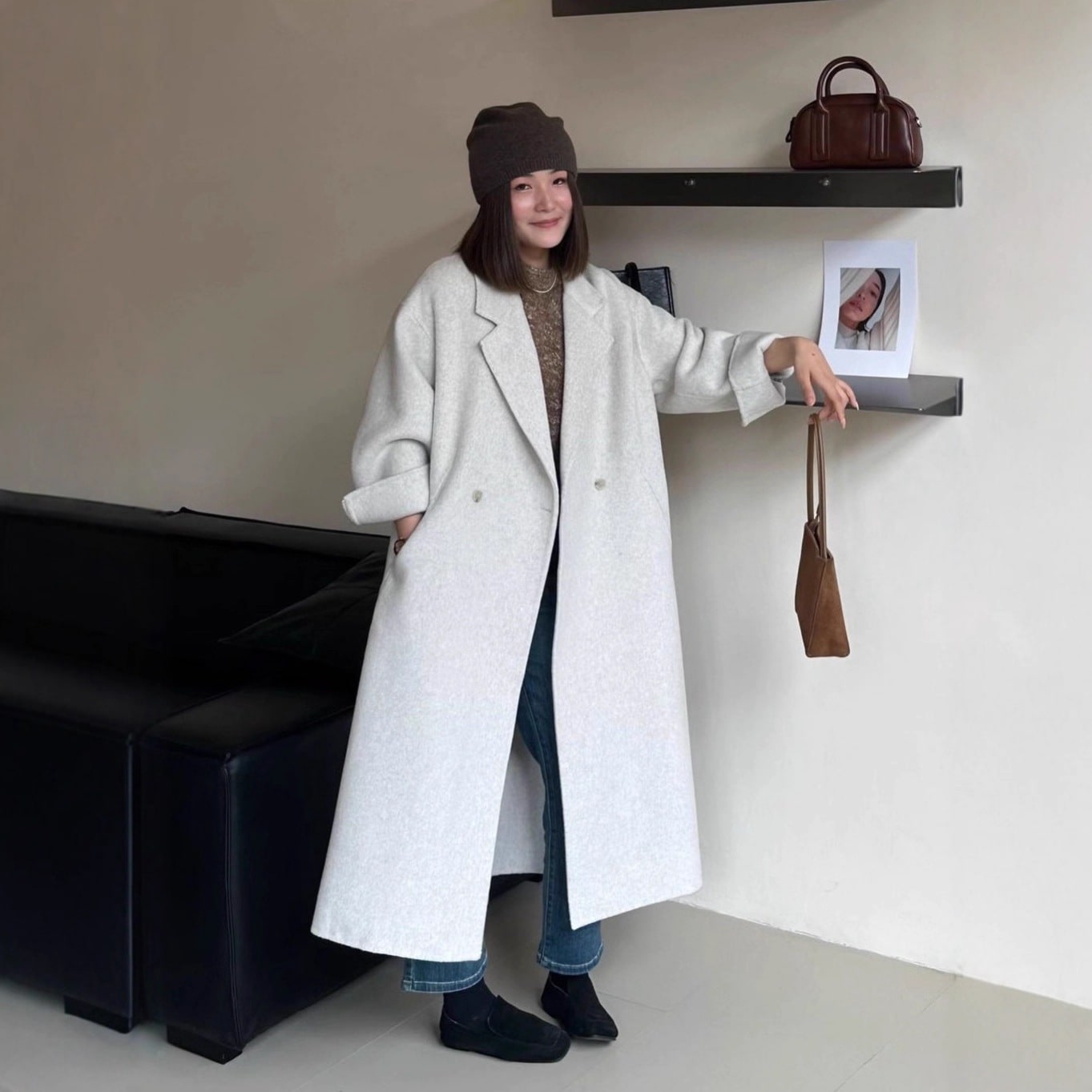 ゆったりとしたオーバーサイズのダブルフェイスウールコート袖口はジッパー付きで厚みがありカシミアウールツイードジャケット韓国スタイル