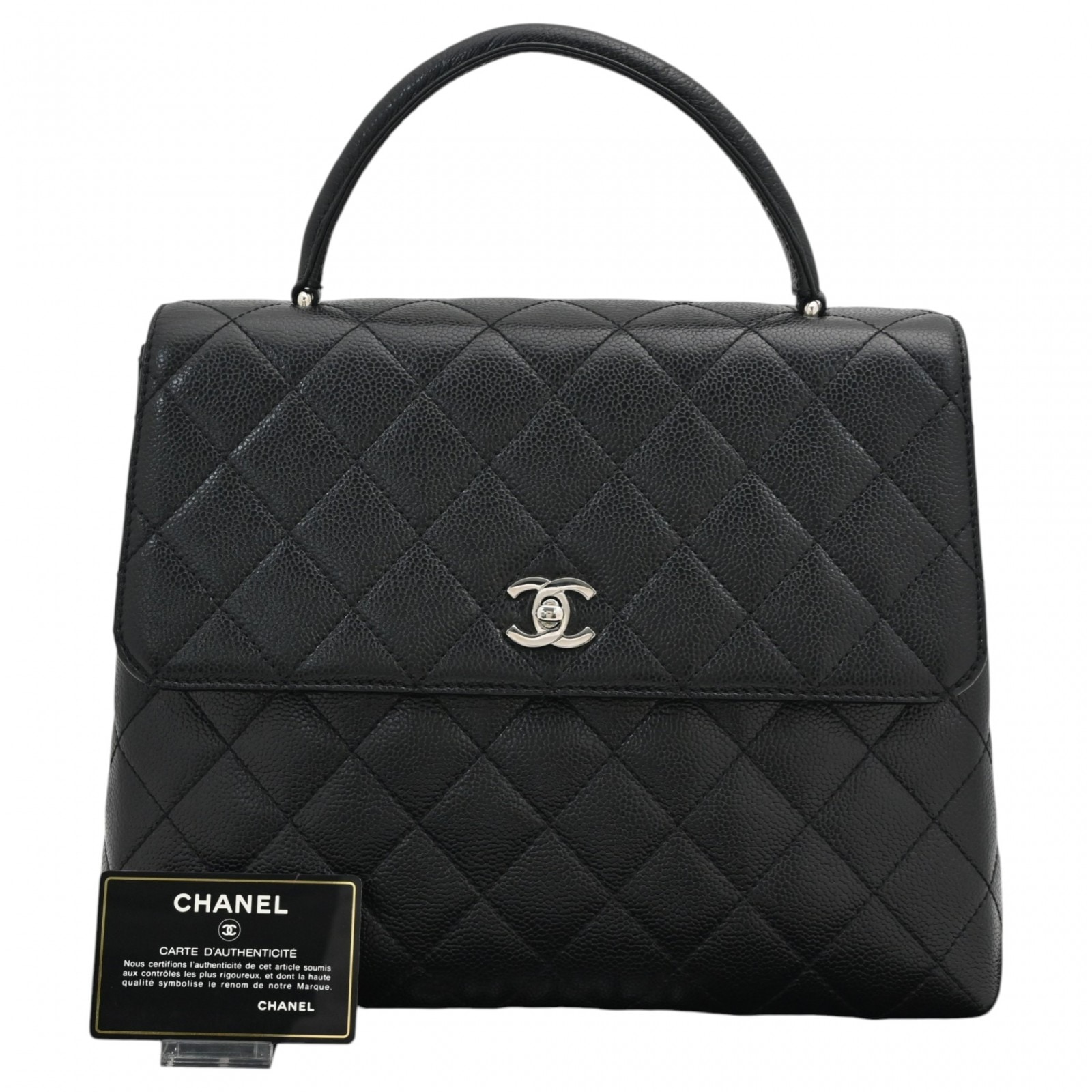 【中古】シャネル ココマーク キャビアスキン マトラッセ ハンドバッグ ターンロック ブラック シルバー金具 Aランク ch25257kk