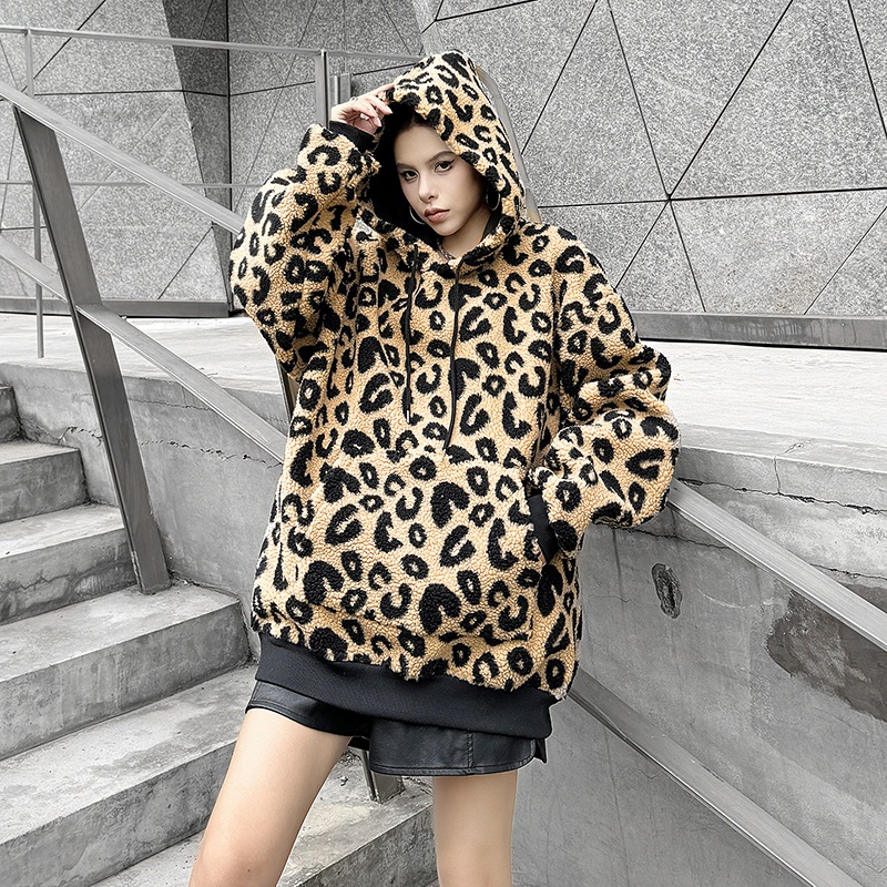 【J.Fashion】 ヒョウ柄 ラムズウール パーカー おしゃれ コート 個性的なデザイン レディース 豹柄 アウター メガ割