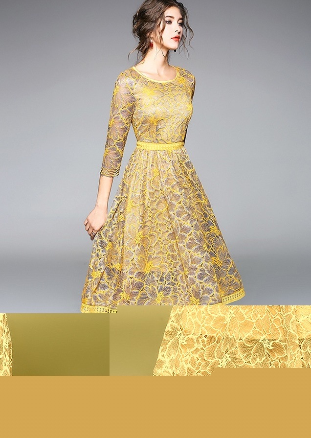 1747. レースラウンドネックドレス（イエロー）2019 春夏 sale 結婚式 二次会 お呼ばれ パーティー 女子会 レストラン