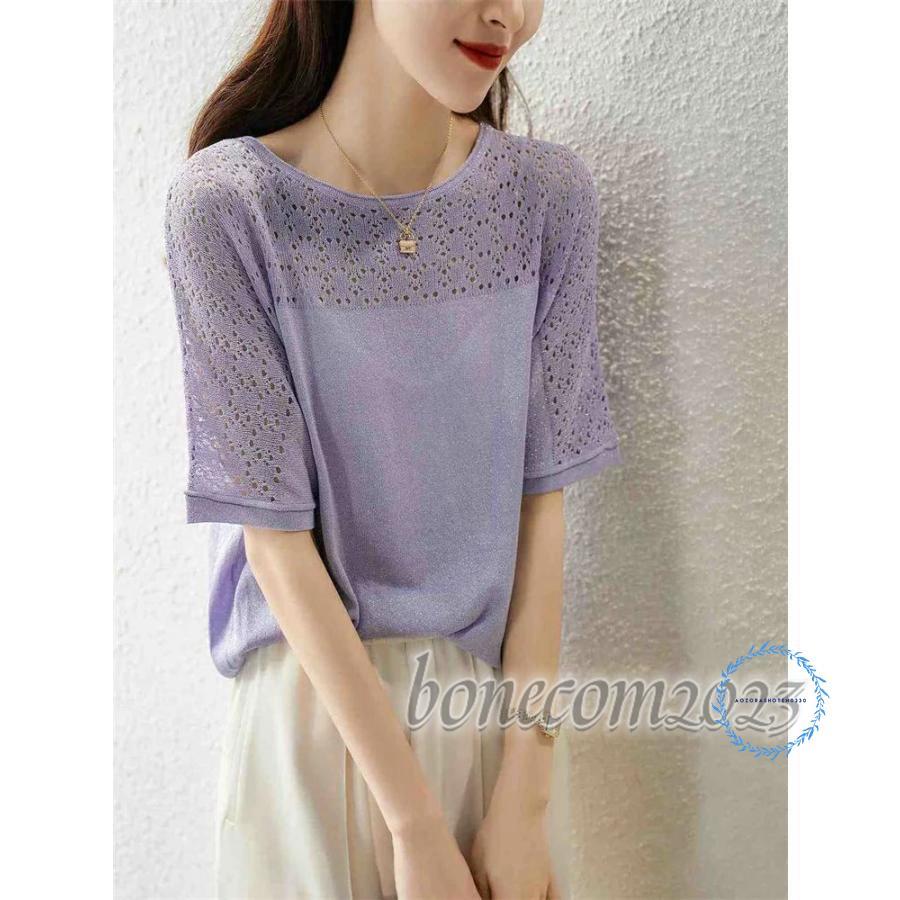期間限定送料無料迅速な出荷 夏ニットＴシャツ　 セーター ニットソー ラウンドネック 半袖ニット セーター ニットソー ラウンドネック レース袖 レーススリーブ レディース トップス おしゃ 5,017円