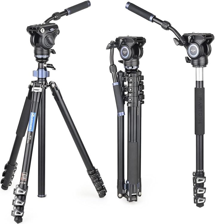 コンパクトアルミ 三脚 トラベル 一脚伸縮可変式 全伸高 195cm ビデオ 2ウェイフルード雲台水準器 持ち運びは便利 三脚ケース付き レバーロック ブランド DSLR( ブラック)