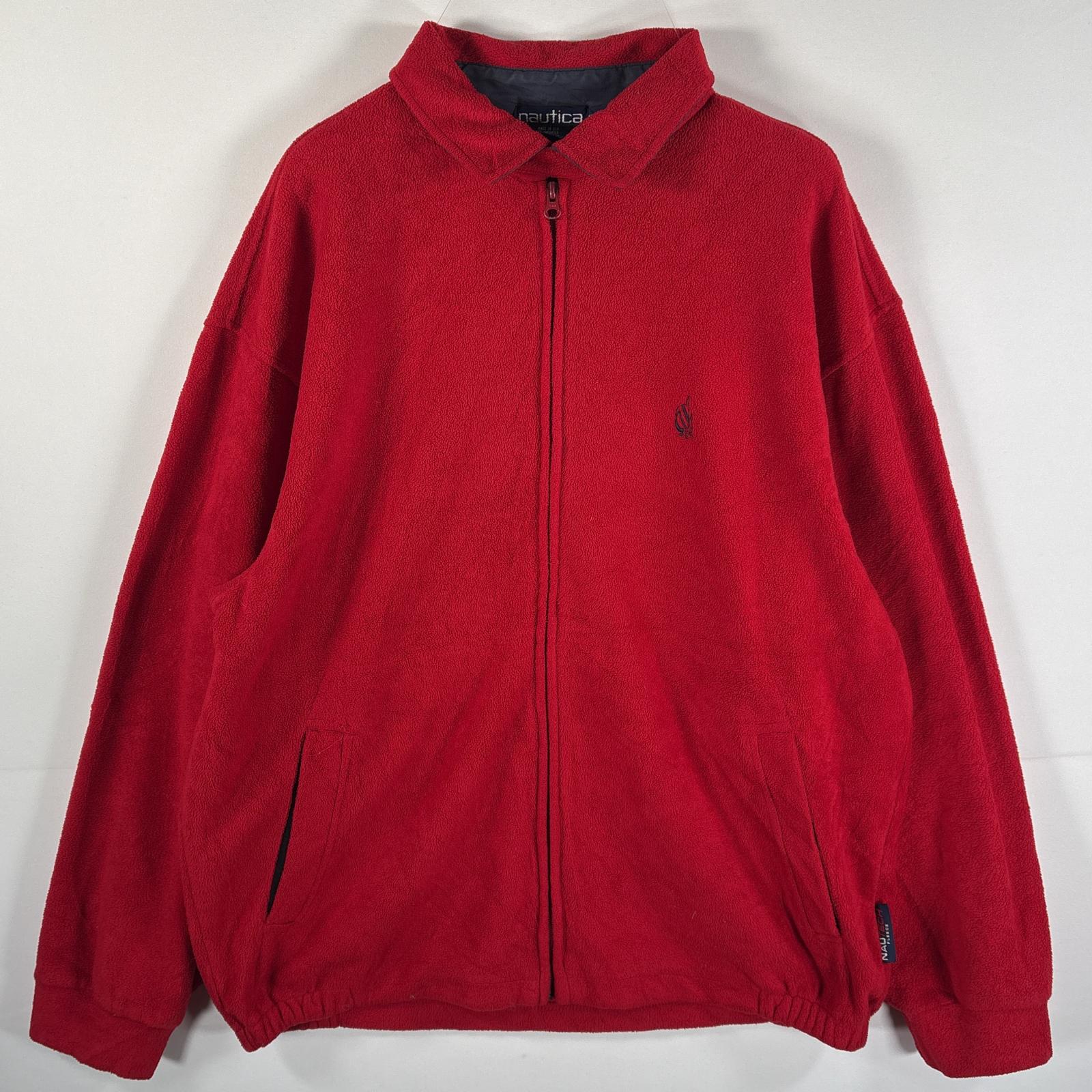 古着 90s/90年代 USA製 フリースジャケット フルジップ ワンポイントロゴ 大きいサイズ 襟付き XL レッド メンズ