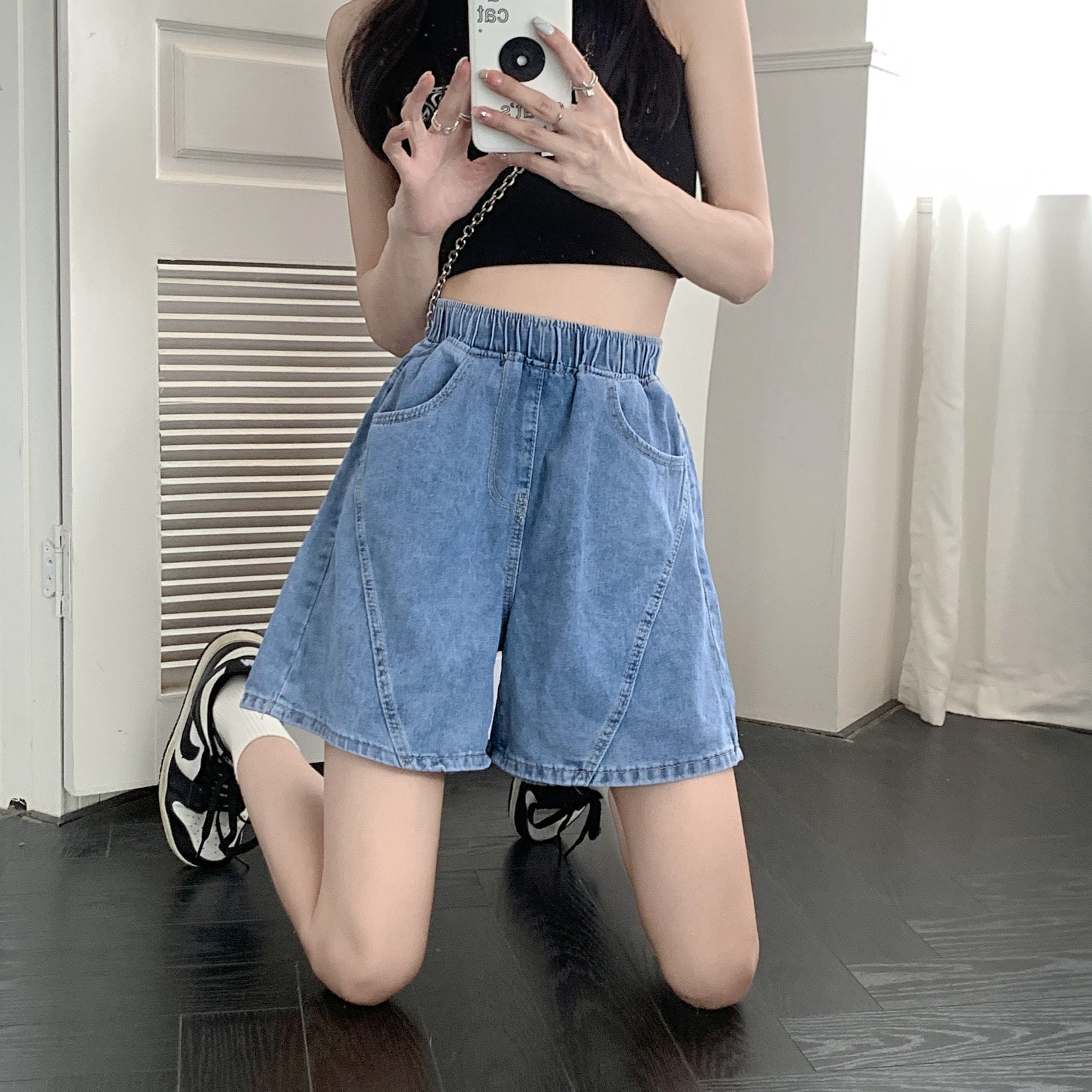 夏用ハイウエストスリムジーンズ万能aラインショートパンツ万能デザイン小柄な女性向けワイドパンツ