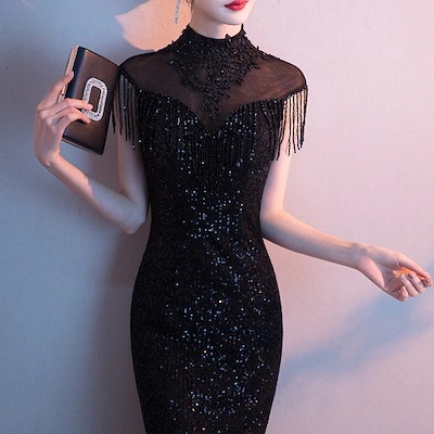 黒のドレスの女2025夏春の気質宴会の司会者の軽奢な名士の魚の尾の長いです