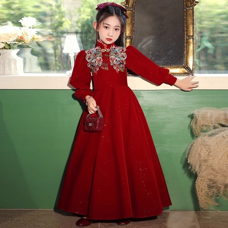 【2枚購入で 3oo円OFF】女の子のドレスレッドチャイニーズドレスドレス長い新年の小さな女の子ホストパフォーマンス服春と秋