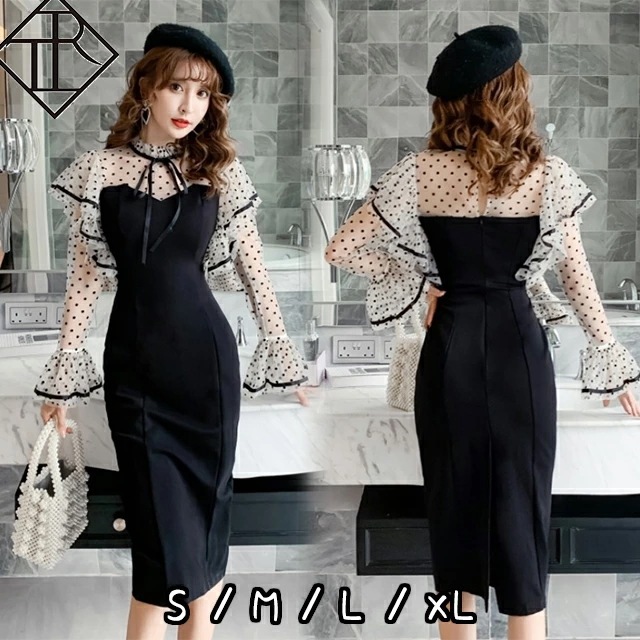 【即納】パーティードレス 結婚式 ドレス ワンピース レディース 二次会 お呼ばれ パーティー 大きいサイズ 膝丈 ミモレ エレガント 可愛い フォーマル タイト シースルー ドット柄 リボン トラン