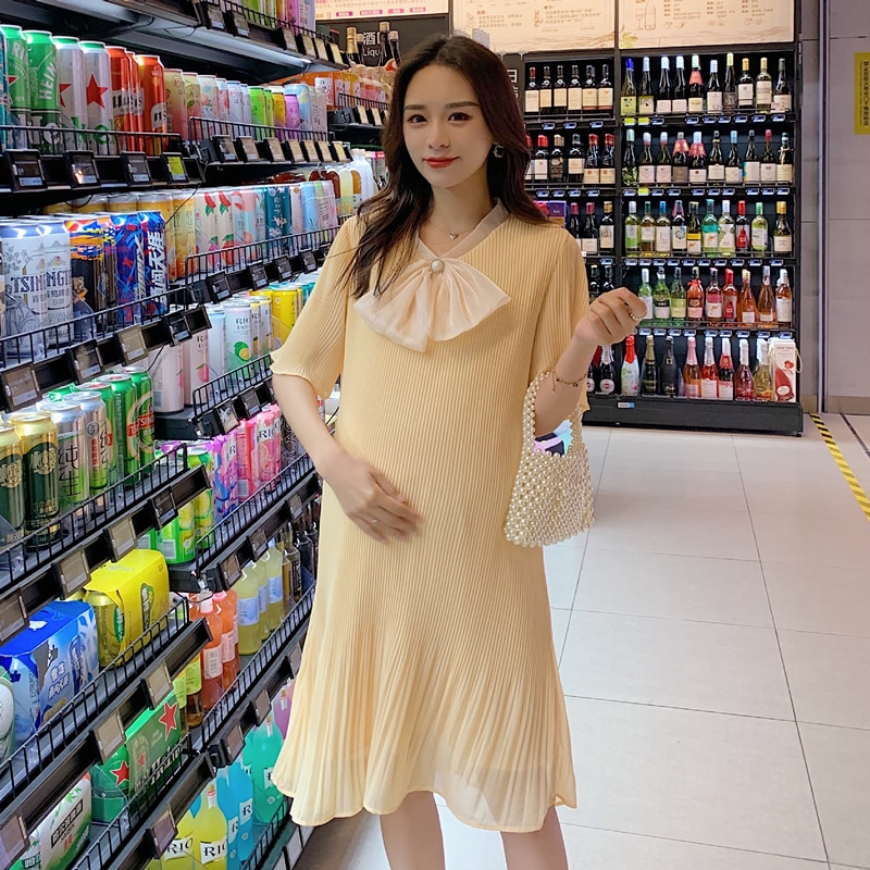 【日本未発売/送料無料】マタニティ ワンピース シフォン Vネック プリーツ 半袖 リボン