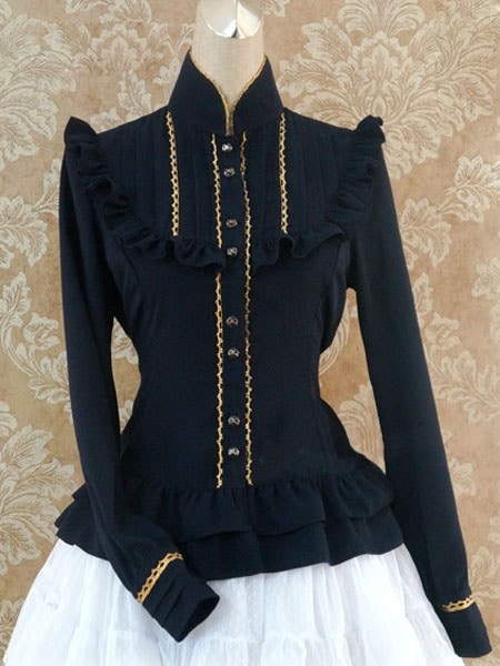 【短納期】ロリィタブラウスダークネイビー無地フリル長袖綿麻ゴシックスタンドカラーカジュアル