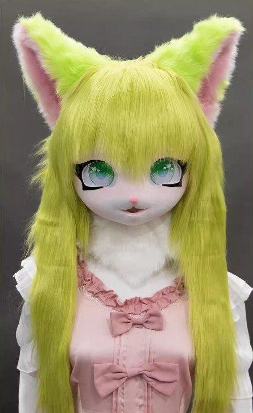 着ぐるみヘッド 猫 黄緑 全頭ヘッド ケモノ マスク ファースーツ ぬいぐるみ コスプレ コスチューム