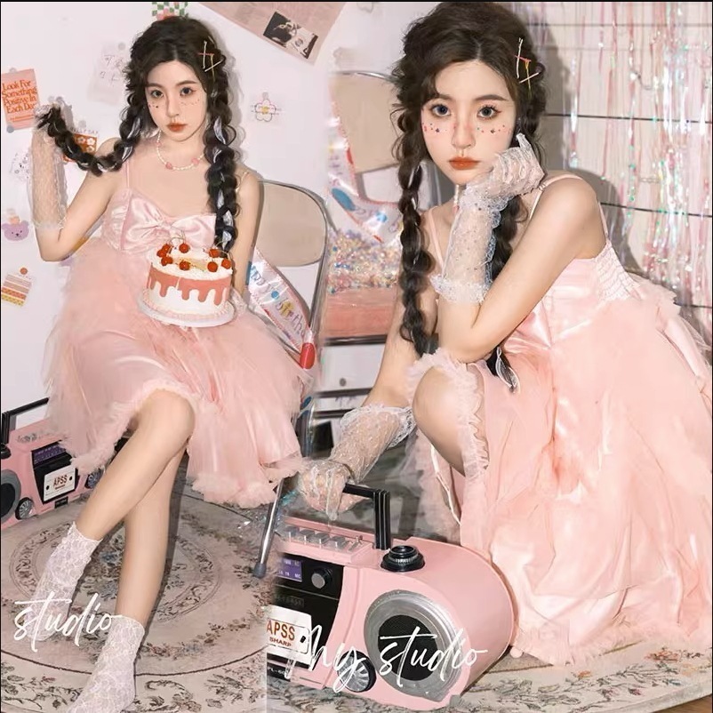 新作写真テーマ衣装レトロ少女韩系画报诞生日ピンクワンピースアート写真撮影
