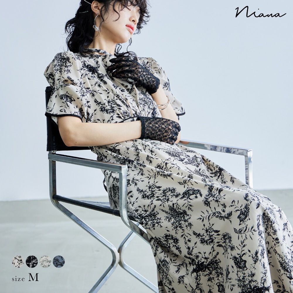 結婚式 ワンピース パーティードレス プリント 柄 花柄 リボン ロング丈 ボリューム袖 袖あり 半袖 シンプル ロングドレス オケージョン 1.5次会 春夏 秋冬 二次会 謝恩会 成人式 同窓会