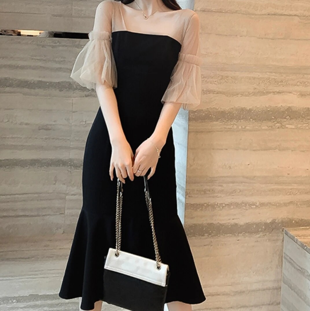 ワンピース ロングスカート スカート 膝下 ミモレ丈 袖あり 5分袖 ラウンドネック スリム フレア マーメイド フリル シースルー シンプル こなれ感 カジュアル フォーマル キレイ目 おしゃれ