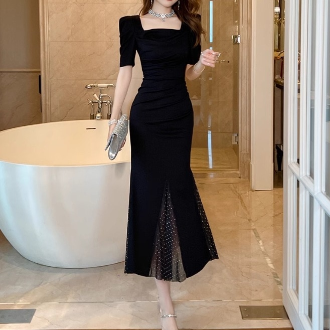 ドレス ワンピースドレス パーティー 結婚式 二次会 披露宴 フォーマル キャバ ラウンジ クラブ ロング 半袖 パフスリーブ 袖あり スクエアネック 襟なし マーメイド スリット ファスナー