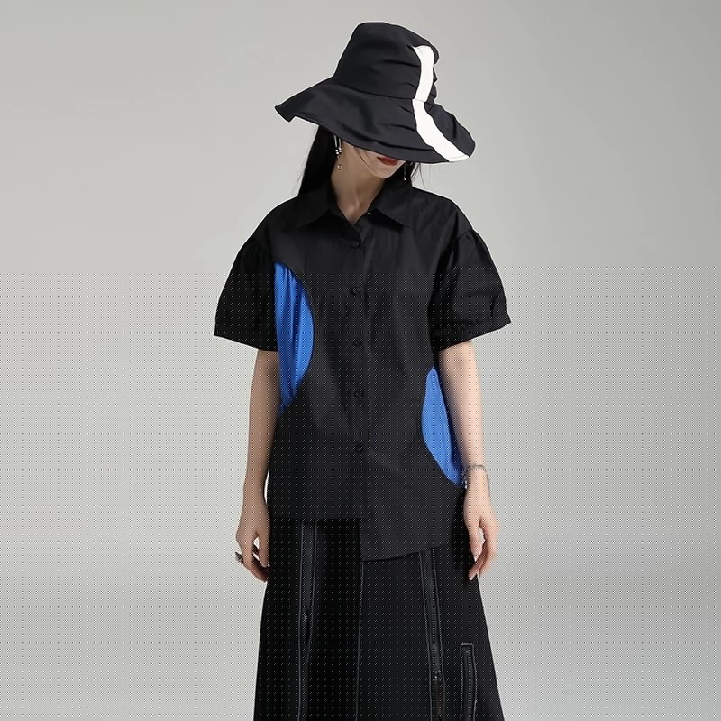 【J.Fashion】 ブラウス 不規則 ドッキング 黒 ゆったり 日焼け止め 半袖 夏 レディース レディース おしゃれ 上質 関連商品は店で購入可能 メガ割30%までに制限 5,135円